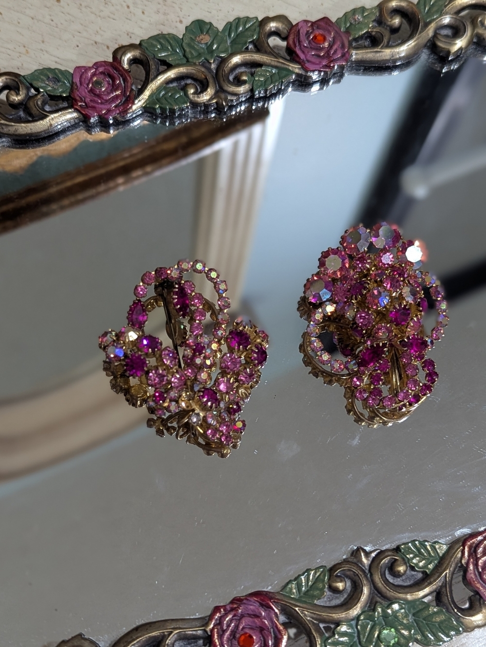 Pink Crystal Floral Clip-On Brooch Pair
